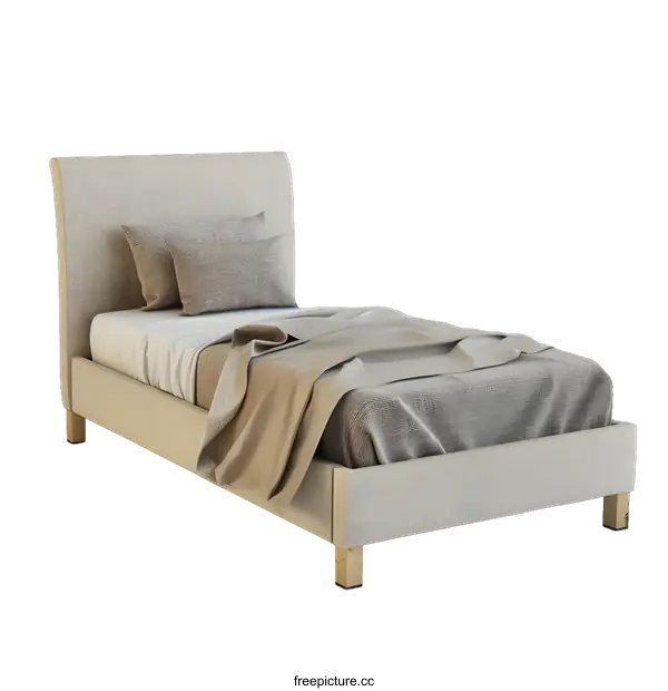 [Transparent Background PNG]Beige Upholstered Bed with Wooden Legs
