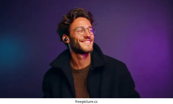 Smiling Man Wearing Earbuds and Glasses