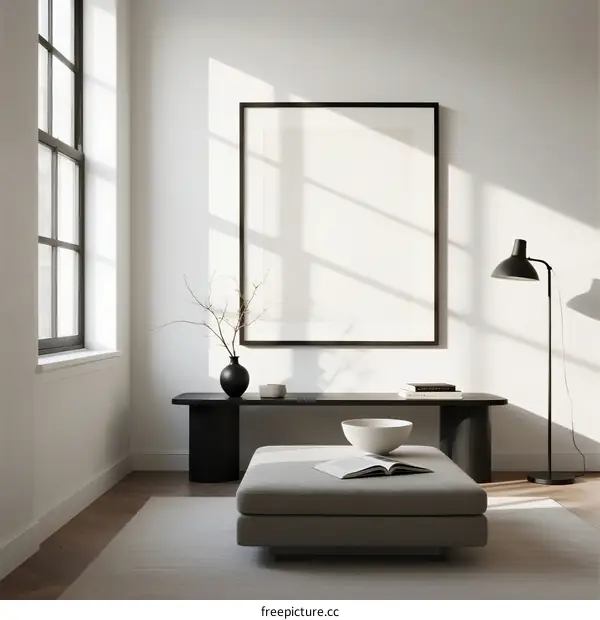 Minimalist Living Room Interior with Empty Frame and Natural Light