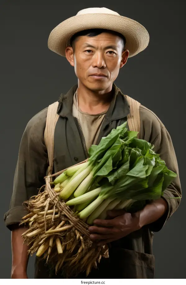 Portrait of a Chinese farmer holding a bundle of fresh leeks