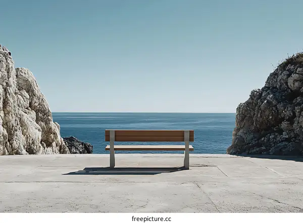 Wooden Bench Overlooking the Sea with Cliffs in the Background