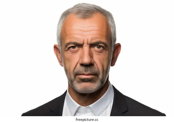 Headshot of a serious looking man with grey hair and beard wearing a white shirt and black suit jacket