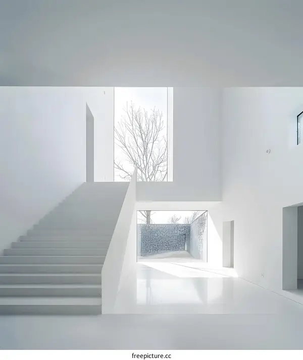 Modern Minimalist White Interior Design With Staircase And Large Window