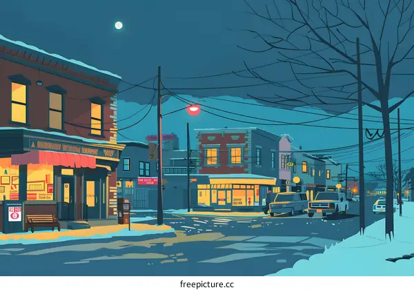 Nighttime Street Scene with Snowy Buildings and Cars