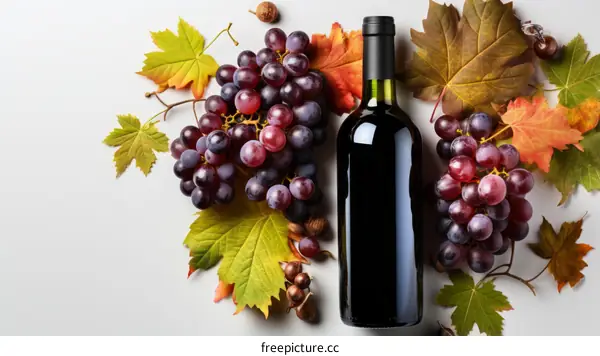 A bottle of red wine with grapes and autumn leaves