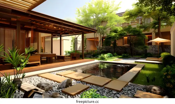 Japanese Garden Design With Wooden Patio And Pond