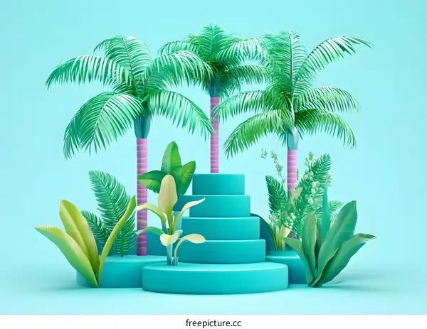 Tropical Palm Trees and Steps on Blue Background