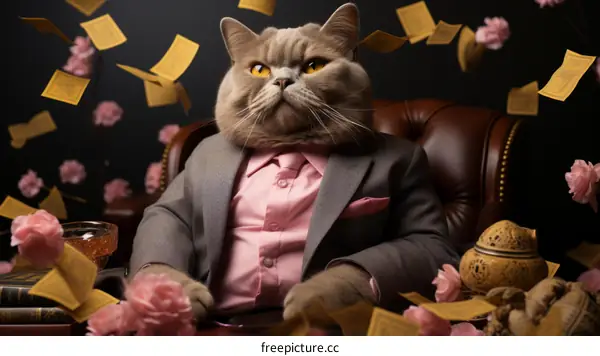 British shorthair cat dressed in a suit and tie, sitting in a leather chair while money and roses fall around it