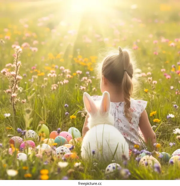 Little girl with a rabbit in a field of flowers