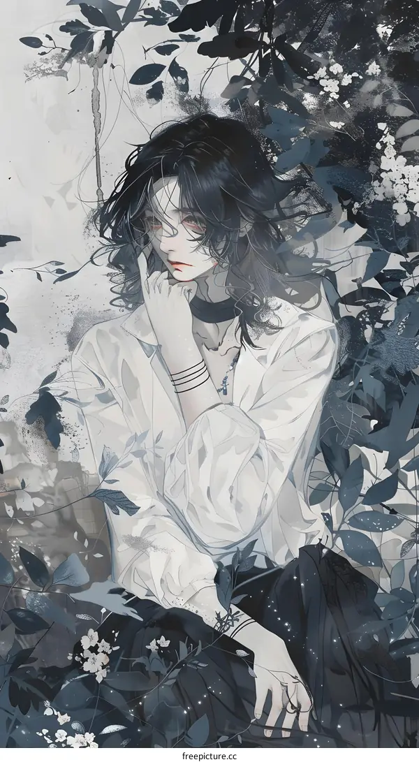 Anime Illustration of a Person with Long Black Hair Sitting in a Garden