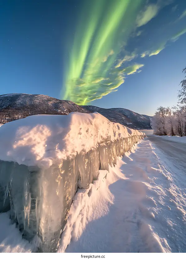 Aurora Borealis Over Snowy Mountains and Ice Formations