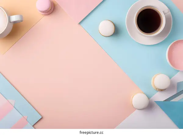 Flat Lay Coffee and Macarons on Pastel Colored Background