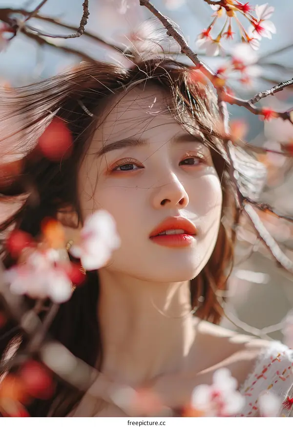 Beautiful Woman In Cherry Blossom Flowers