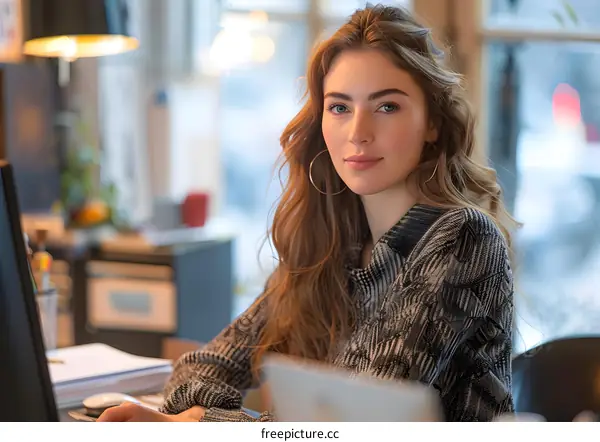 Portrait of a young woman sitting at her desk and looking at the camera