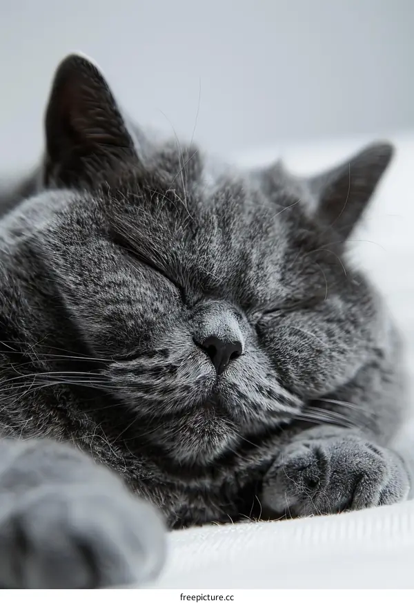 A gray shorthair cat is sleeping soundly on a white blanket.