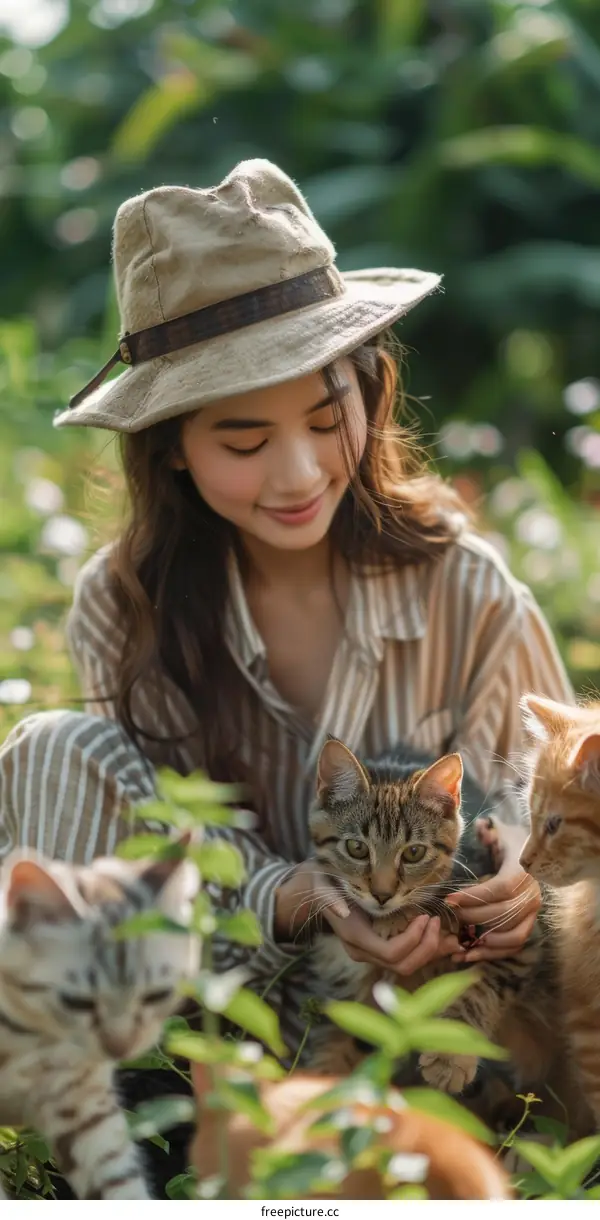 A young woman wearing a hat is petting a cat in a garden.
