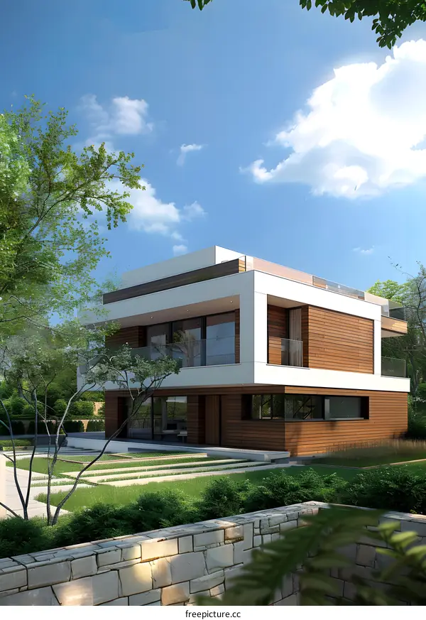 Modern House Design with Wooden Exterior and Green Lawn