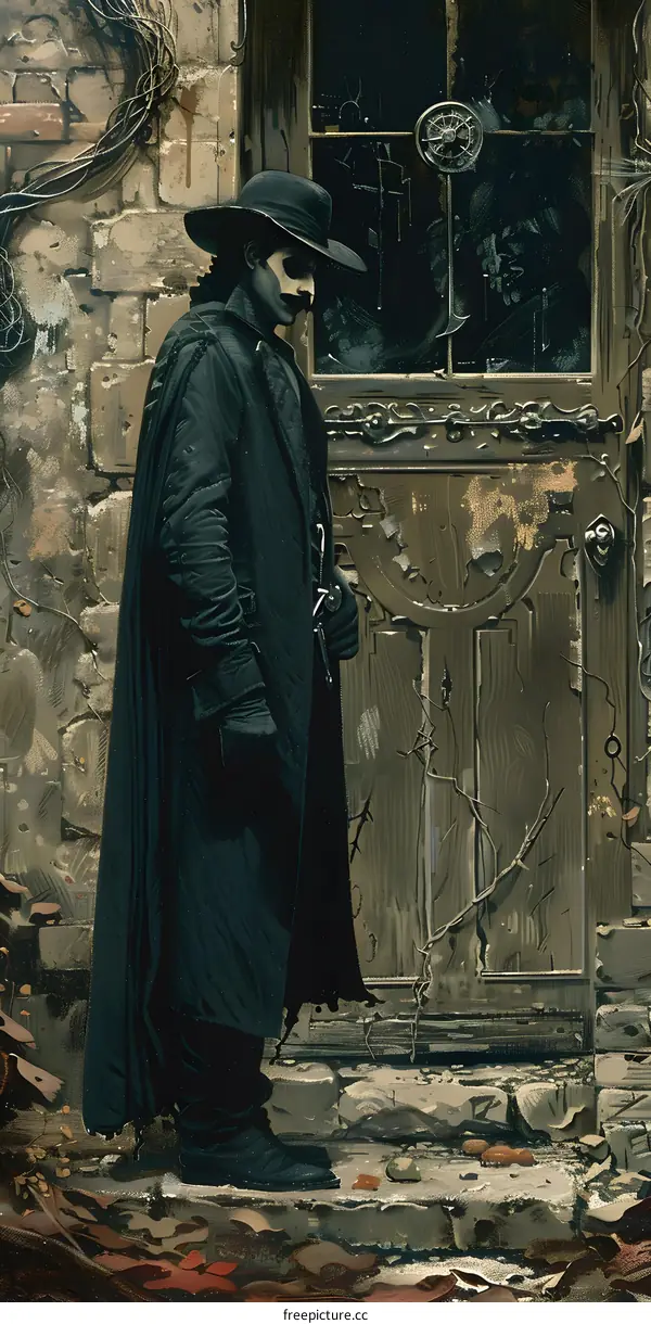 Mysterious Man in Black Coat Standing Before a Door