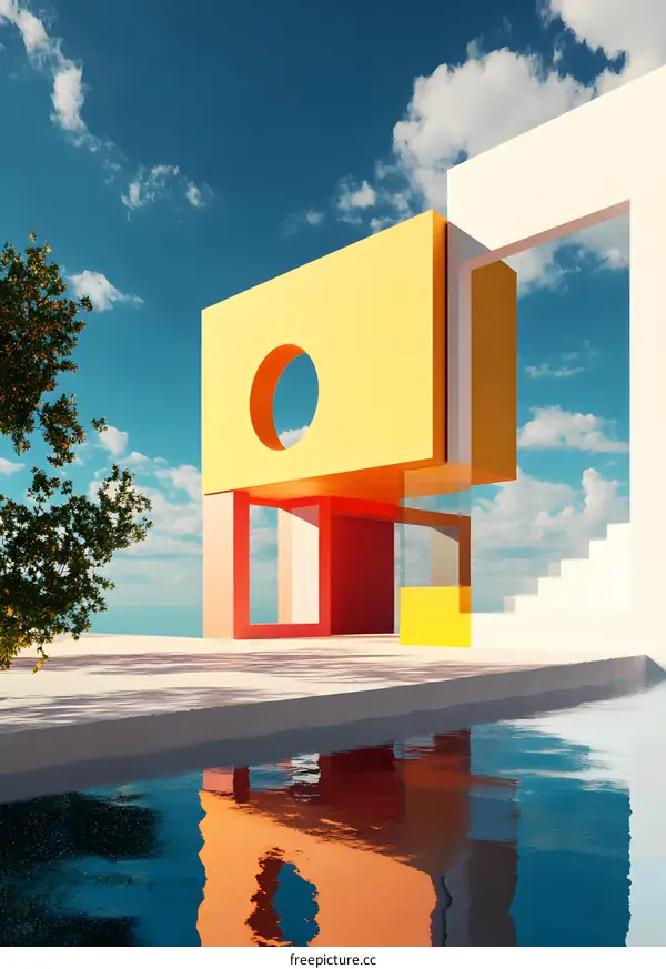 Minimalist Abstract Architecture with Circular Window and Reflection in Water