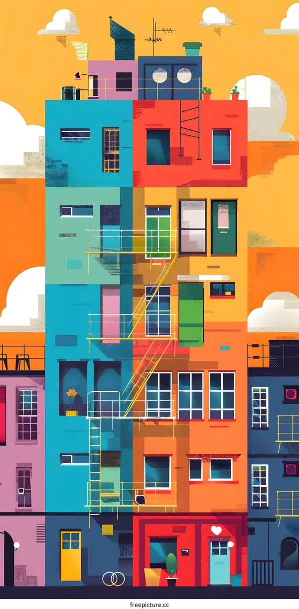 Colorful Buildings with Fire Escape and Yellow Door