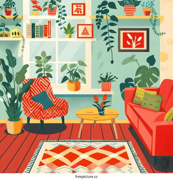 Cozy Living Room with Plants and Red Sofa