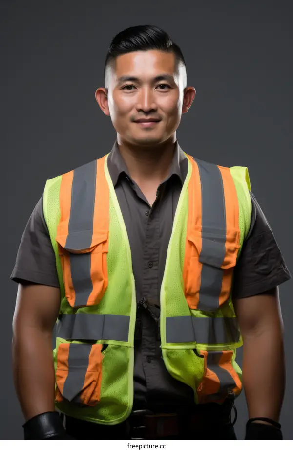 Portrait of a young Asian construction worker wearing a reflective safety vest