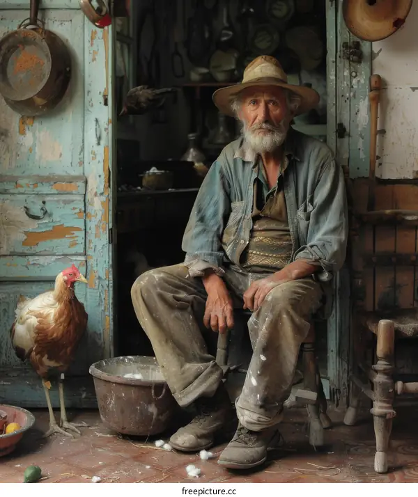 An old man sits in a doorway with a chicken