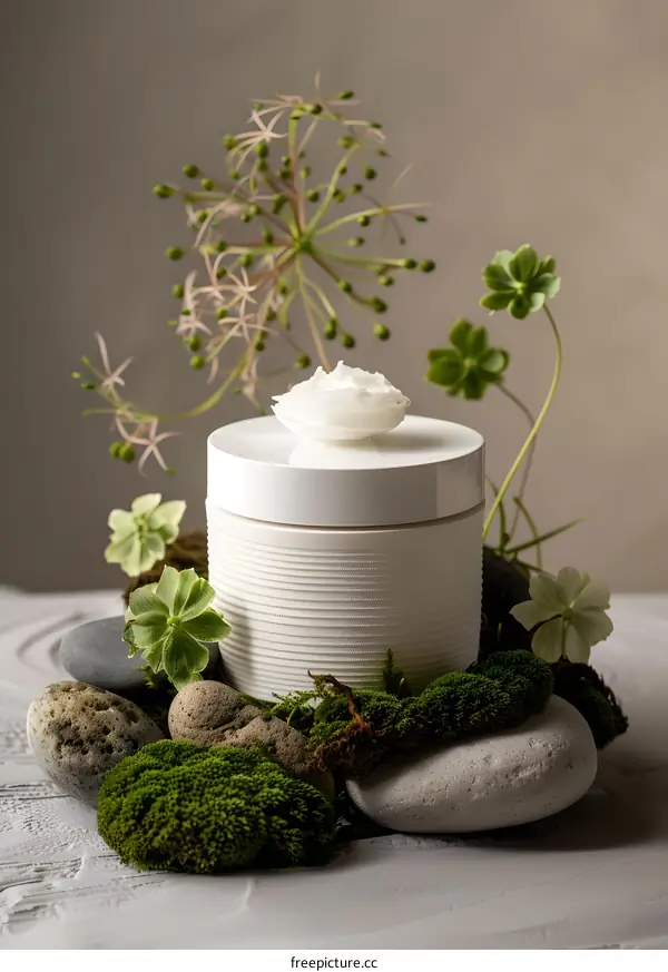 White Cream Jar with Green Plants and Stones