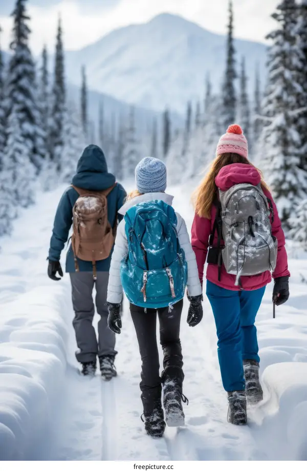 Three people snowshoeing in the woods