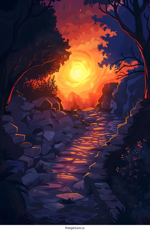 Stone Path Through Forest At Sunset