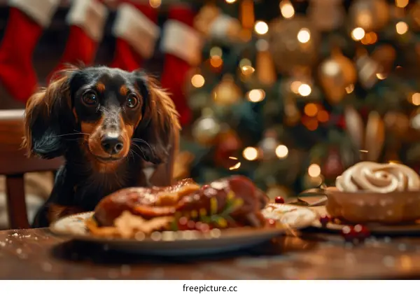 Dachshund Dog Enjoying Christmas Dinner