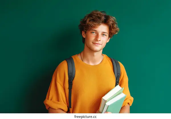Smiling Caucasian Student Holding Books Against Green Background