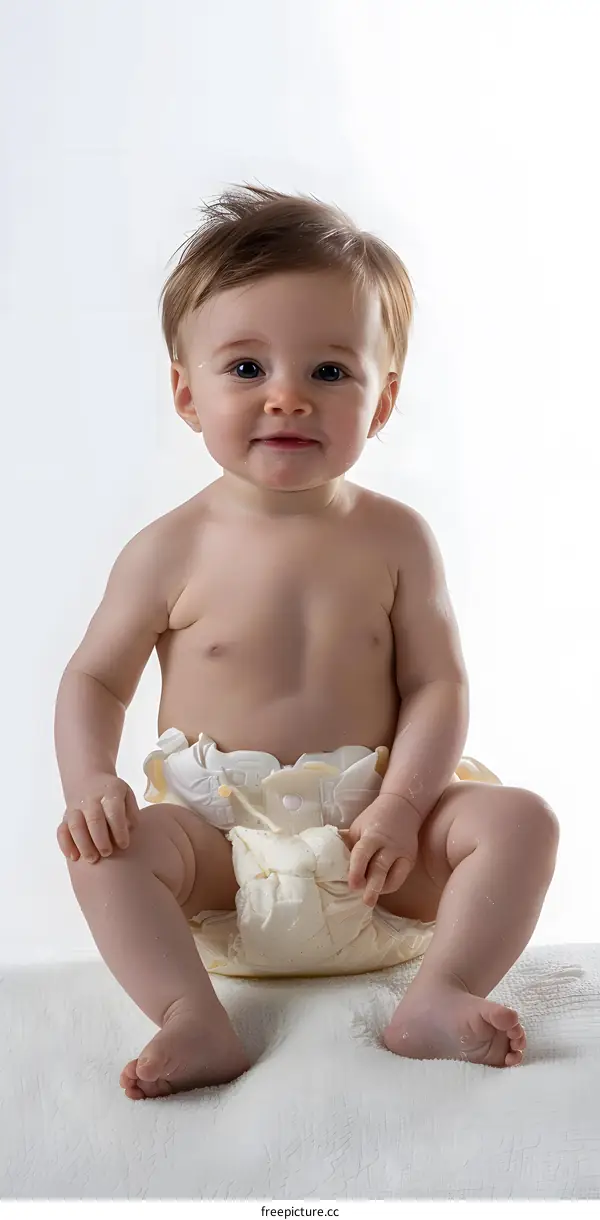 Cute Little Baby Sitting on White Blanket