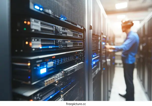 Server Room Technician Working on Rack-mounted Servers