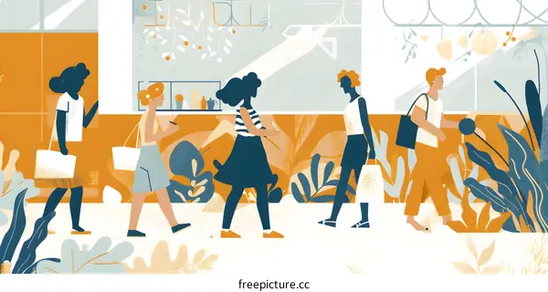 People Walking Through A City Street With Tropical Plants