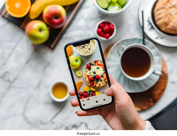 Overhead Shot of a Hand Holding a Phone Taking a Photo of Fruit Salad