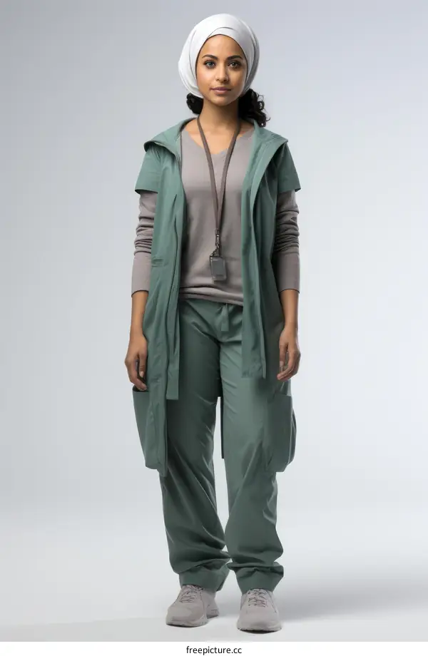 A young female doctor wearing a lab coat and a hijab