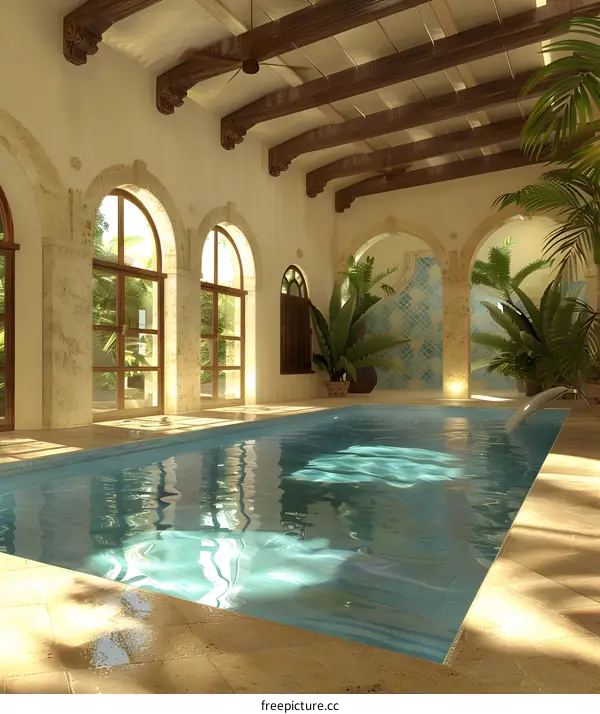 Indoor Swimming Pool with Exposed Wooden Beams