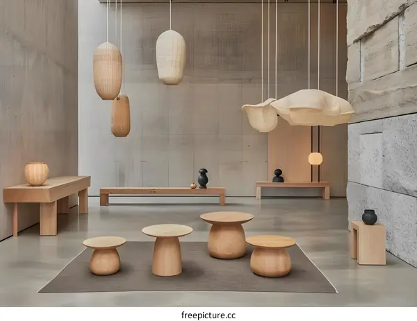 Modern Minimalist Interior Design With Wooden Furniture and Woven Pendant Lamps