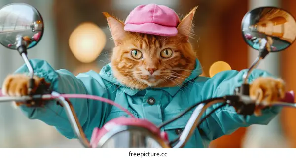Cat in a pink hat and blue jacket riding a motorcycle