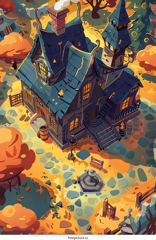 Fantasy House in Autumn Landscape Illustration