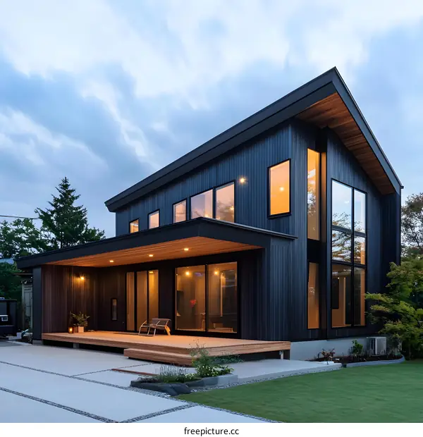 Modern Black House with Wooden Deck and Large Windows