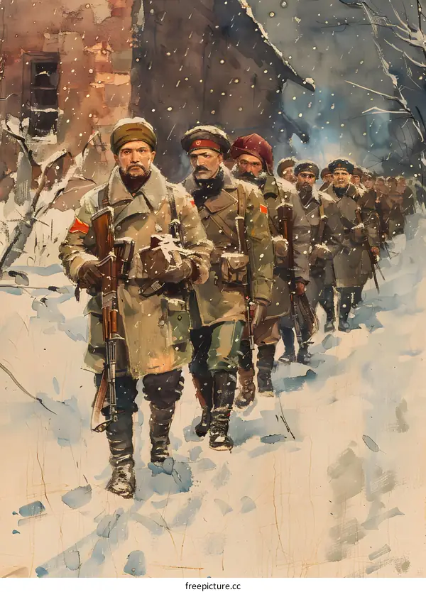 A group of soldiers marching through a snowy forest