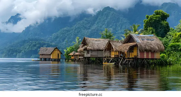Wooden Houses On Stilts In A Lake Surrounded By Lush Green Mountains