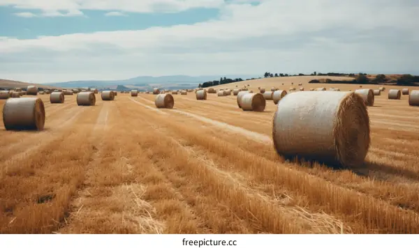 Field of hay bales under blue sky with clouds