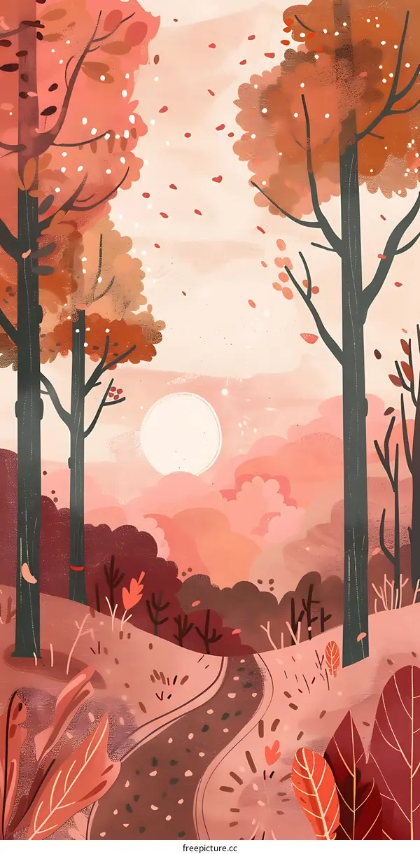 Autumn Landscape With Forest Path And Sunset