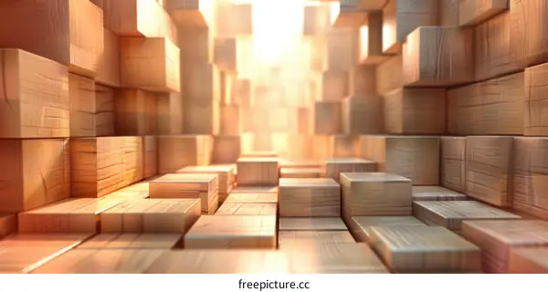 Abstract Wood Geometric 3D Blocks Rendering with Sunlight