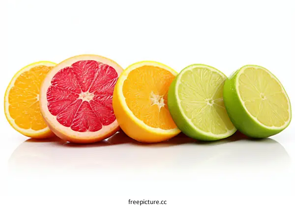 Various citrus fruits including orange, grapefruit, and lime