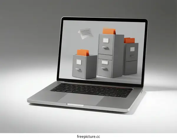 Laptop Screen Displaying 3D Filing Cabinets for Digital Storage