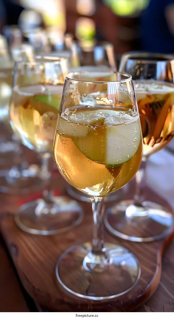 Apple Cider with Sparkling Wine in Glasses on Wooden Board